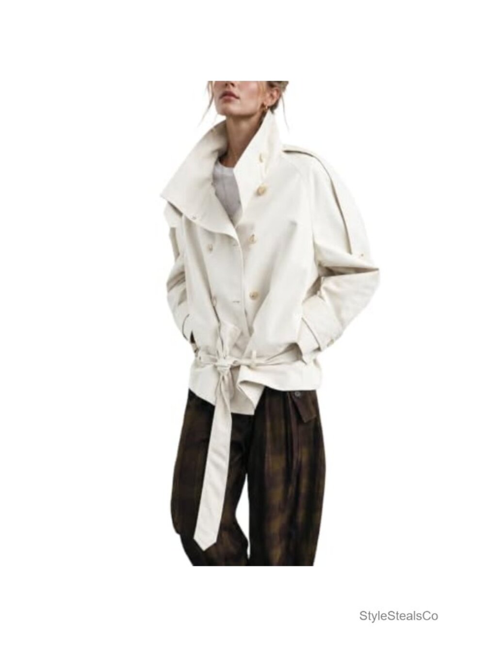 Women's Cropped Trench Coat Double Breasted High Neck Short Jacket